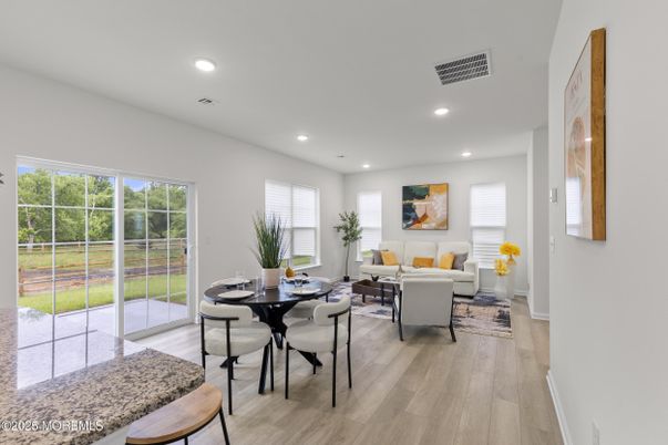 Dining room, Interior, Living room, Recessed Lighting, Wood Texture Flooring
