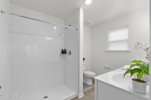 Bathroom, Glass Shower, Interior, Recessed Lighting, Wood Texture Flooring