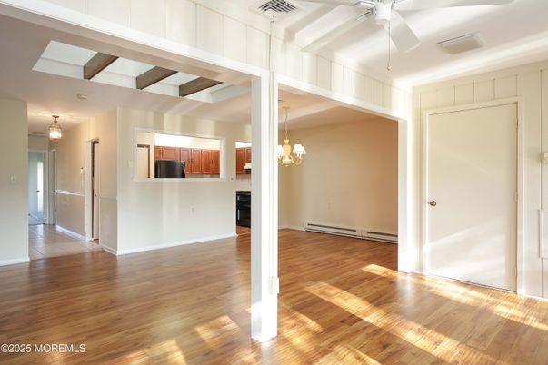 Chandelier, Empty room, Interior, Pendant Lights, Wood Texture Flooring