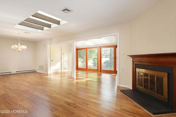 Chandelier, Empty room, Fireplace, Interior, Wood Texture Flooring