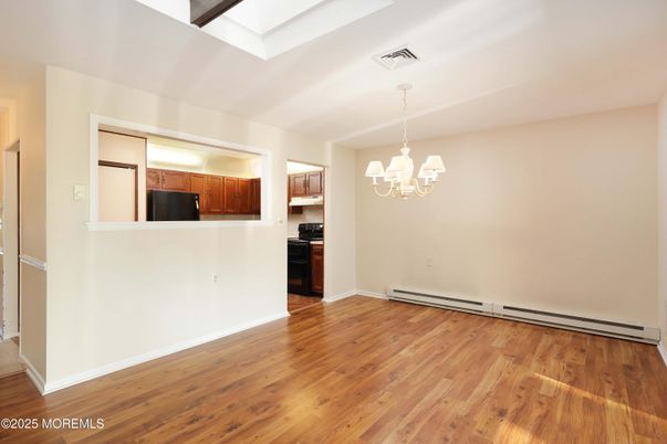 Chandelier, Empty room, Interior, Kitchen, Wood Texture Flooring