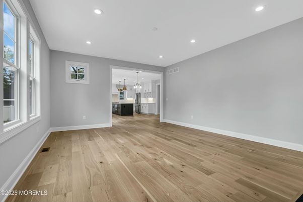 Empty room, Interior, Kitchen, Pendant Lights, Recessed Lighting, Wood Texture Flooring