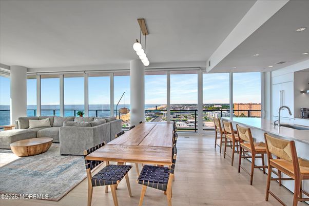 Dining room, Interior, Living room, Pendant Lights, Recessed Lighting, Water, Wood Texture Flooring