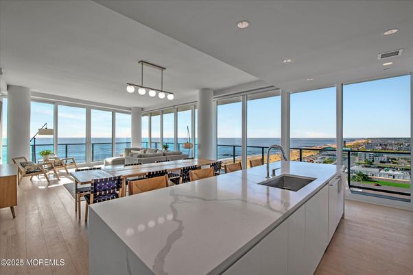 Dining room, Interior, Kitchen, Pendant Lights, Recessed Lighting, Water, Wood Texture Flooring