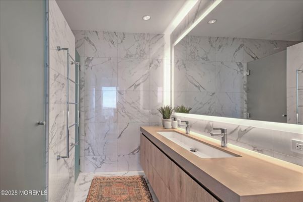 Bathroom, Glass Shower, Interior, Marble, Marble Walls, Recessed Lighting
