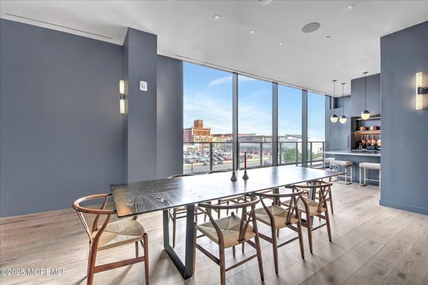 Dining room, Interior, Pendant Lights, Recessed Lighting, Wood Texture Flooring