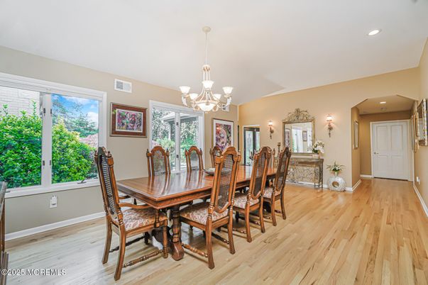 Chandelier, Dining room, Interior, Recessed Lighting, Wood Texture Flooring