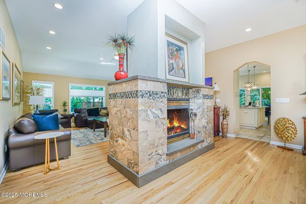 Fireplace, Interior, Living room, Recessed Lighting, Wood Texture Flooring