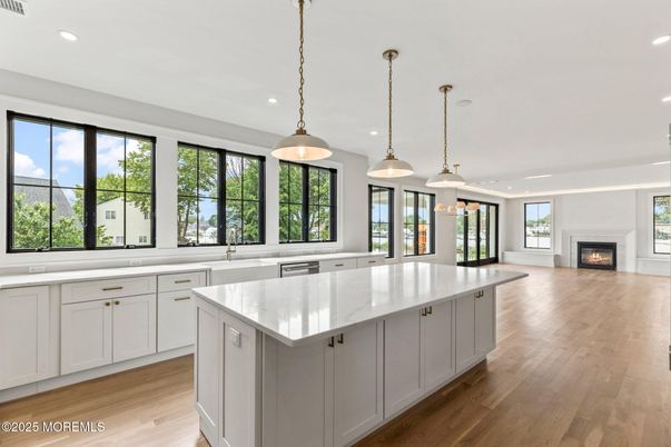 Fireplace, Interior, Kitchen, Pendant Lights, Recessed Lighting, Wood Texture Flooring