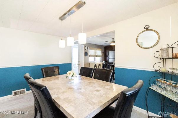 Dining room, Interior, Pendant Lights, Wood Texture Flooring