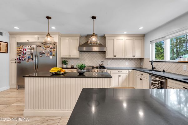 Interior, Kitchen, Marble, Pendant Lights, Recessed Lighting, Stainless Steel Appliances