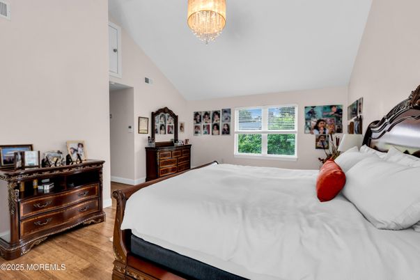 Bedroom, Chandelier, Interior, Wood Texture Flooring