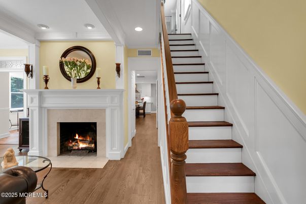 Fireplace, Interior, Recessed Lighting, Wood Texture Flooring