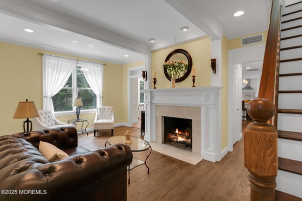 Fireplace, Interior, Living room, Recessed Lighting, Wood Texture Flooring