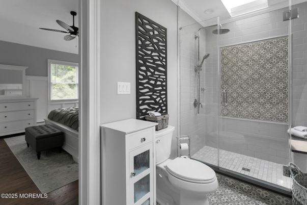 Bathroom, Glass Shower, Interior, Wood Texture Flooring