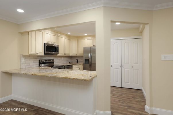 Interior, Kitchen, Recessed Lighting, Stainless Steel Appliances, Wood Texture Flooring