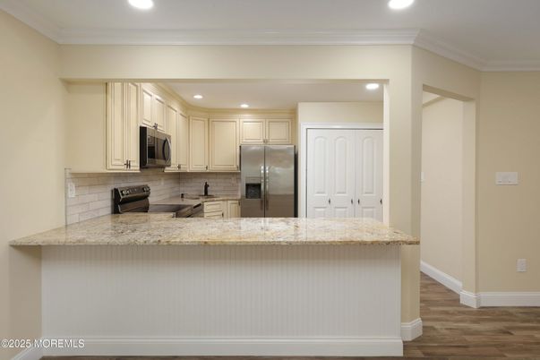 Interior, Kitchen, Recessed Lighting, Stainless Steel Appliances, Wood Texture Flooring