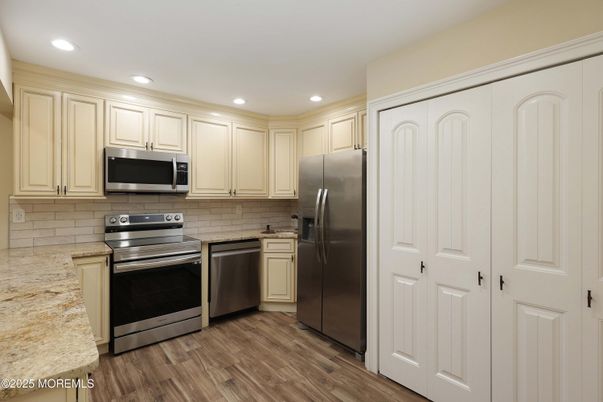 Interior, Kitchen, Recessed Lighting, Stainless Steel Appliances, Wood Texture Flooring