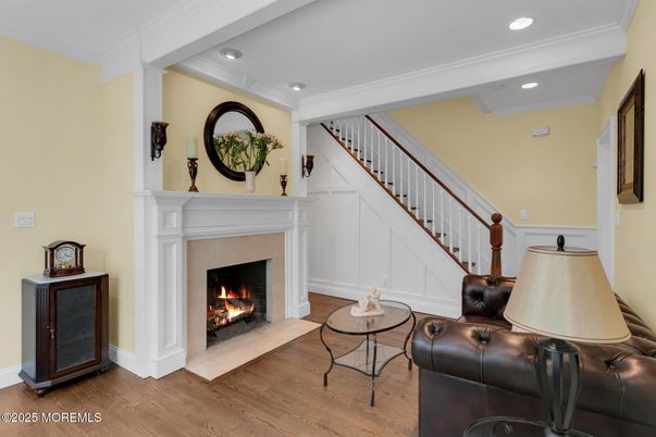 Fireplace, Interior, Recessed Lighting, Wood Texture Flooring