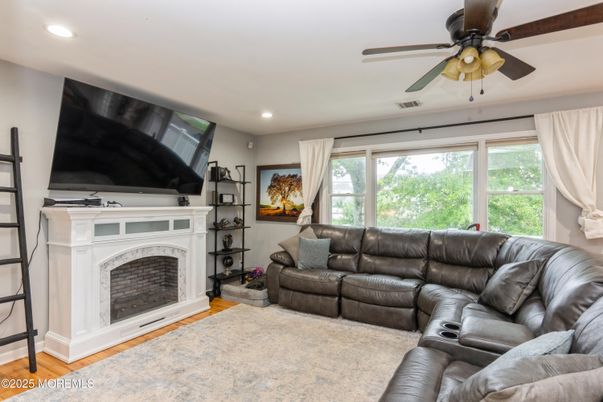 Home Theatre Room, Fireplace, Interior, Living room, Recessed Lighting, Wood Texture Flooring
