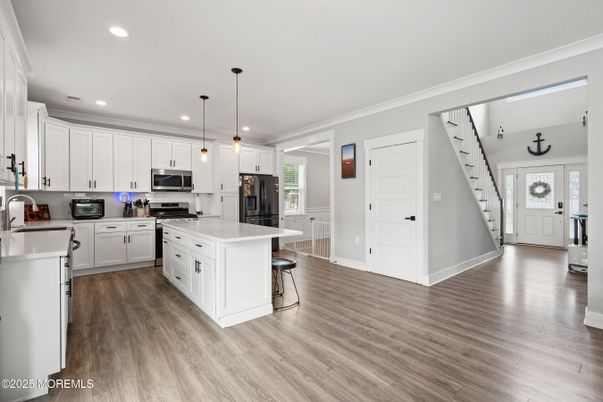 Interior, Kitchen, Pendant Lights, Recessed Lighting, Stainless Steel Appliances, Wood Texture Flooring
