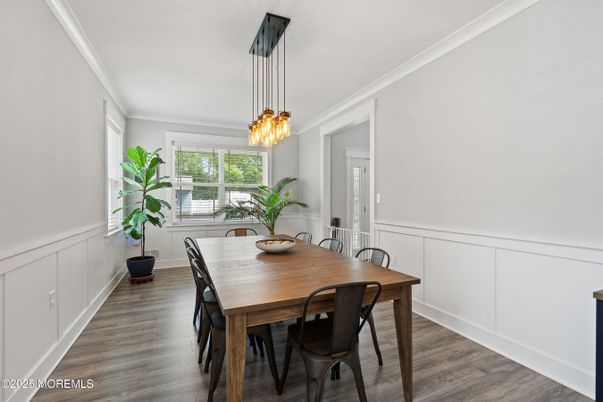 Dining room, Interior, Pendant Lights, Wood Texture Flooring