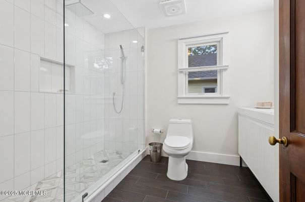 Bathroom, Glass Shower, Interior, Recessed Lighting, Wood Texture Flooring