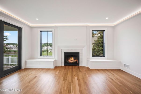 Empty room, Fireplace, Interior, Recessed Lighting, Wood Texture Flooring