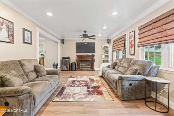 Fireplace, Interior, Living room, Recessed Lighting, Wood Texture Flooring