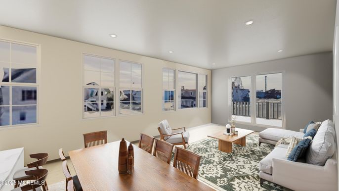 Dining room, Interior, Living room, Recessed Lighting, Wood Texture Flooring