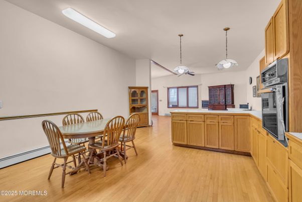 Dining room, Interior, Kitchen, Pendant Lights, Wood Texture Flooring