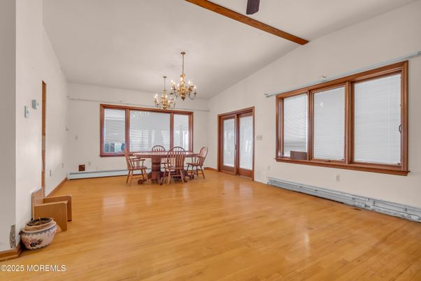 Chandelier, Dining room, Interior, Wooden Beams, Wood Texture Flooring