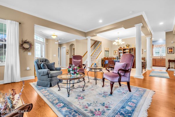 Chandelier, Interior, Living room, Recessed Lighting, Wood Texture Flooring