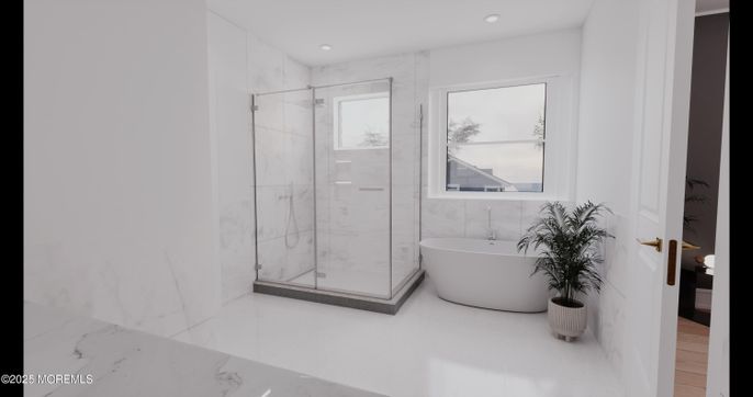 Bathroom, Free Standing Baths, Glass Shower, Interior, Marble Walls, Recessed Lighting