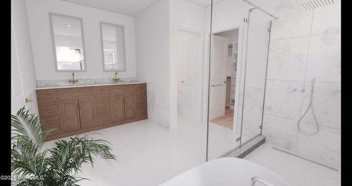 Bathroom, Dual Sink Vanities, Glass Shower, Interior, Marble Walls