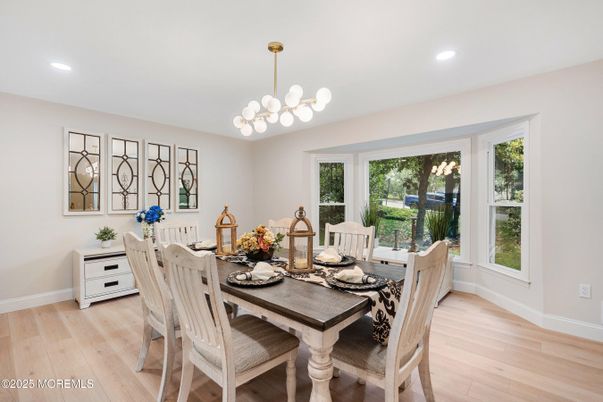 Dining room, Interior, Pendant Lights, Recessed Lighting, Wood Texture Flooring