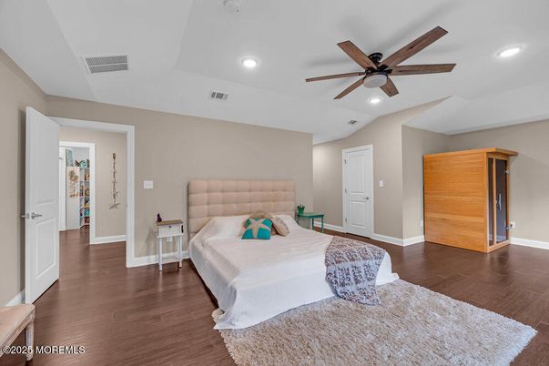 Bedroom, Interior, Recessed Lighting, Wood Texture Flooring