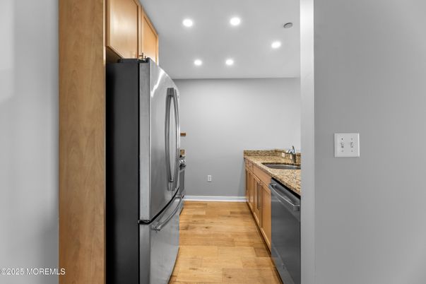 Interior, Kitchen, Recessed Lighting, Stainless Steel Appliances, Wood Texture Flooring