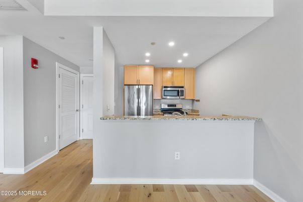 Interior, Kitchen, Recessed Lighting, Stainless Steel Appliances, Wood Texture Flooring