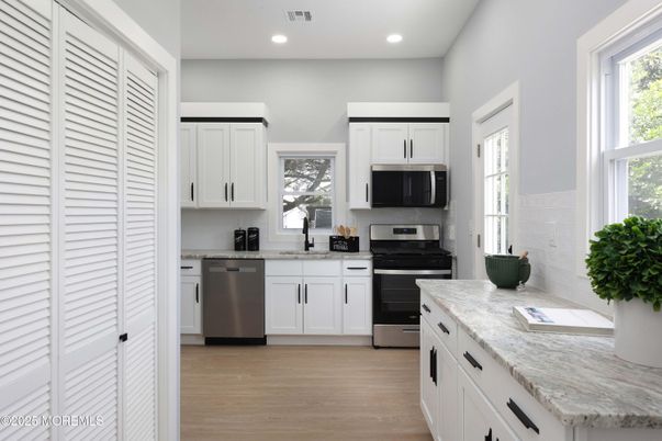 Interior, Kitchen, Recessed Lighting, Stainless Steel Appliances, Wood Texture Flooring