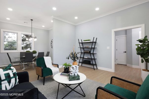 Dining room, Interior, Living room, Pendant Lights, Recessed Lighting, Wood Texture Flooring