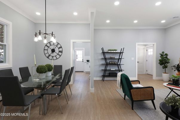 Dining room, Interior, Pendant Lights, Recessed Lighting, Wood Texture Flooring