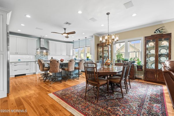 Chandelier, Dining room, Interior, Kitchen, Recessed Lighting, Wood Texture Flooring