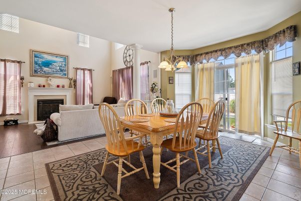 Dining room, Fireplace, Interior, Living room, Pendant Lights