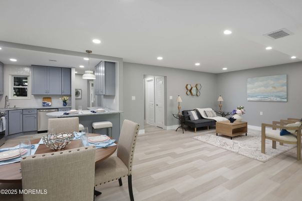 Dining room, Interior, Kitchen, Living room, Pendant Lights, Recessed Lighting, Wood Texture Flooring