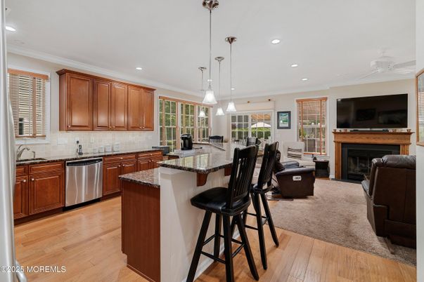 Fireplace, Interior, Kitchen, Pendant Lights, Recessed Lighting, Wood Texture Flooring