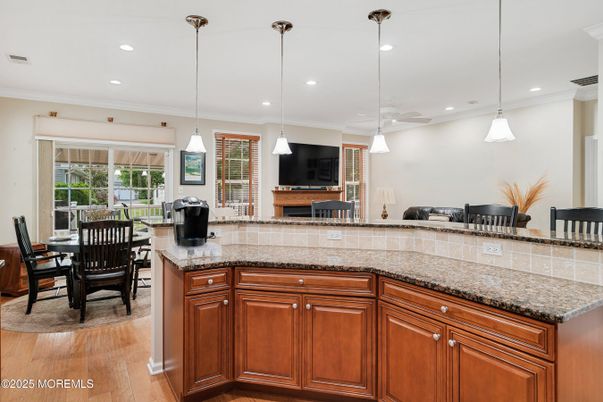 Dining room, Interior, Pendant Lights, Recessed Lighting, Wood Texture Flooring