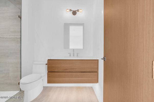 Bathroom, Glass Shower, Interior, Wood Texture Flooring