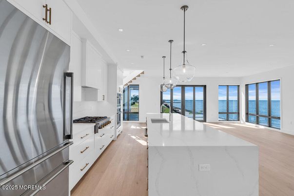 Interior, Kitchen, Pendant Lights, Recessed Lighting, Stainless Steel Appliances, Water, Wood Texture Flooring