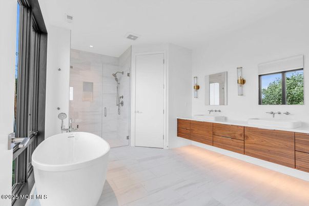 Bathroom, Dual Sink Vanities, Free Standing Baths, Glass Shower, Interior, Marble, Recessed Lighting